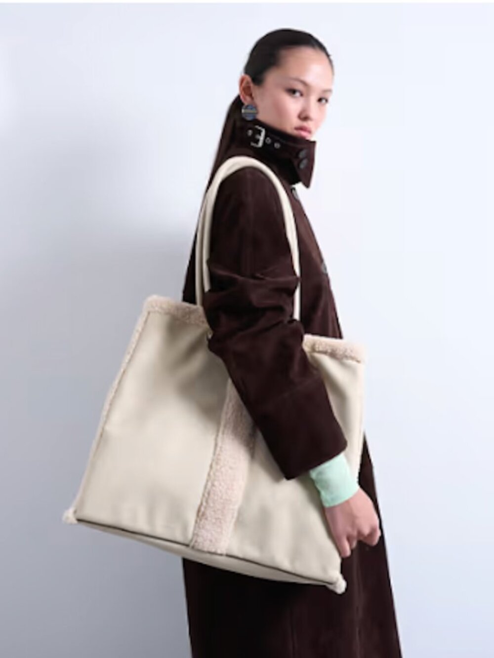 Unique Off White Tote Pink Shearling Trim and Stripe, Long Drop Handle
